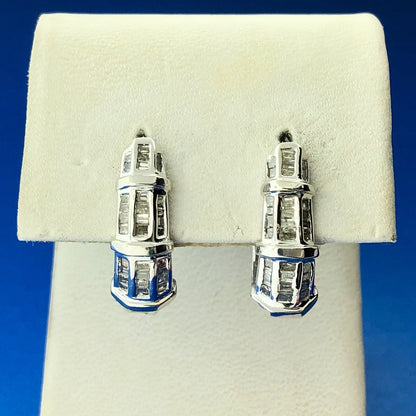 Stunning 14K White Gold Diamond J Hoop Omega Back Wedding Occasion Earrings