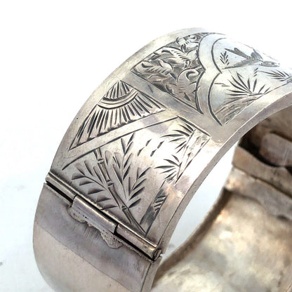 Vintage 925 Sterling Silver Wide Bird Nature Detail Hinged Cuff Bracelet