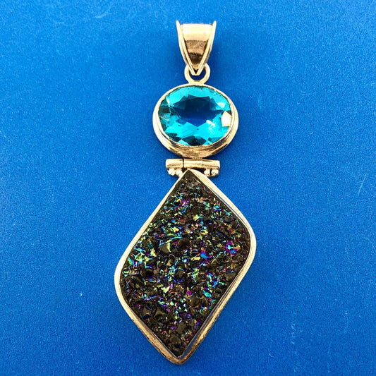 Estate Sterling Silver 925 Ocean Blue CZ Rainbow Druzy Geode Statement Pendant