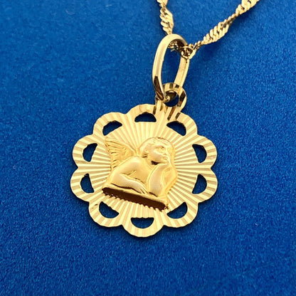 Designer Milor Italy 14K Yellow Gold Guardian Angel Sunburst Disc Necklace