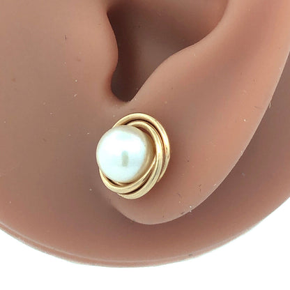 Vintage 14K Yellow Gold Pearl Modernist Bird Nest Stud Earrings