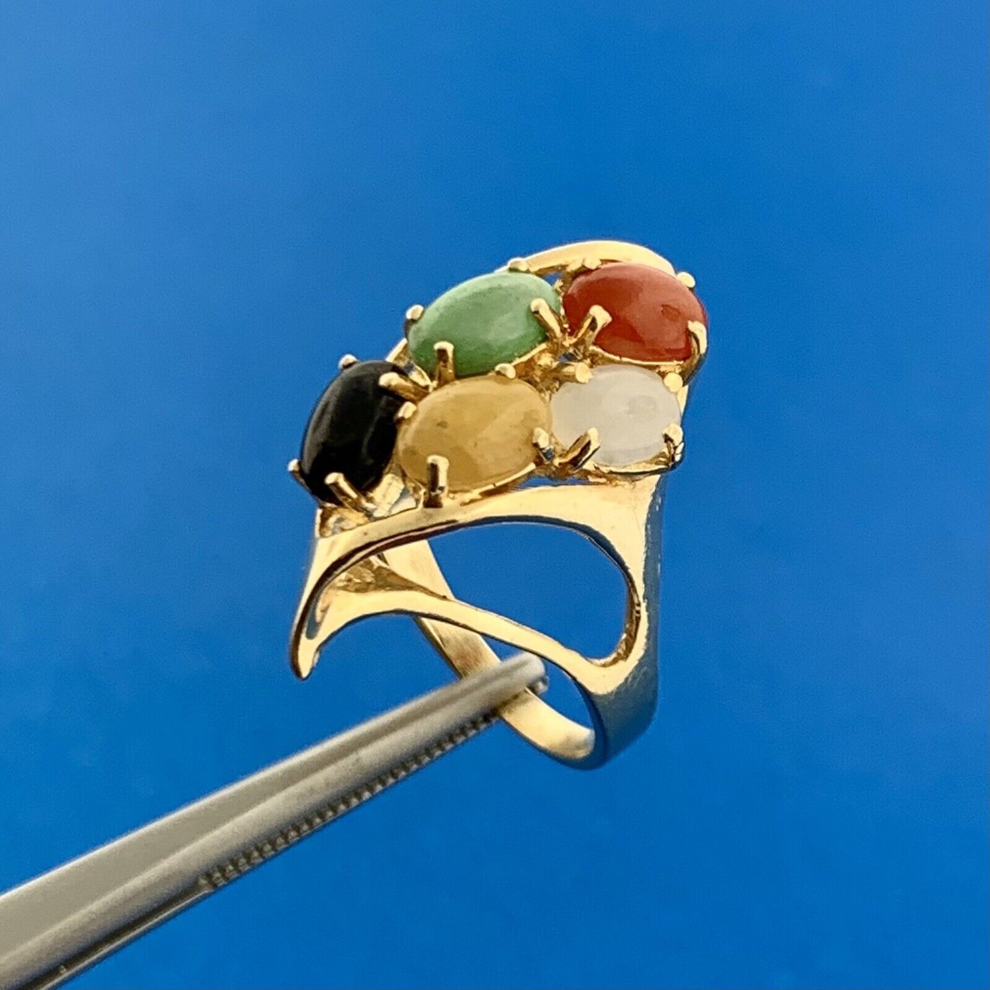 Vintage 14K Yellow Gold Multi Gemstone Modernist Twist Cocktail Finger Ring