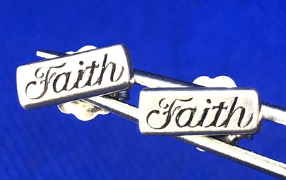 Designer FT 925 Sterling Silver Rectangle Faith Inspirational Stud Earrings