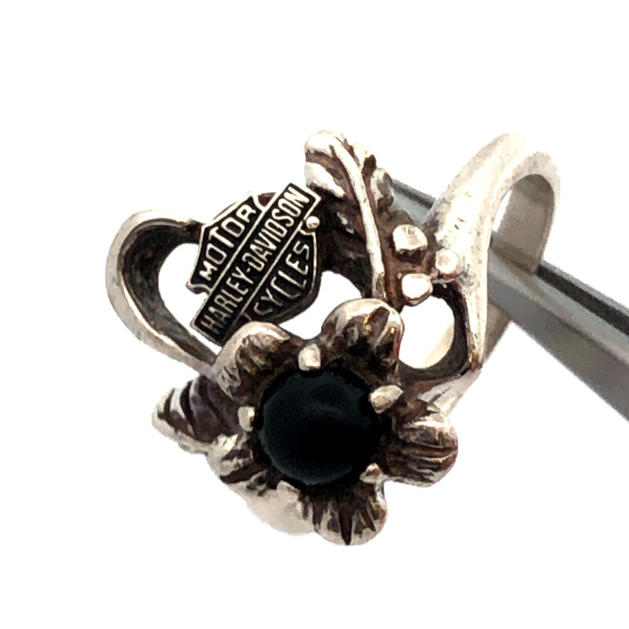 Vintage Harley Davidson 925 Sterling Silver Black Onyx Cabochon  Floral  Ring