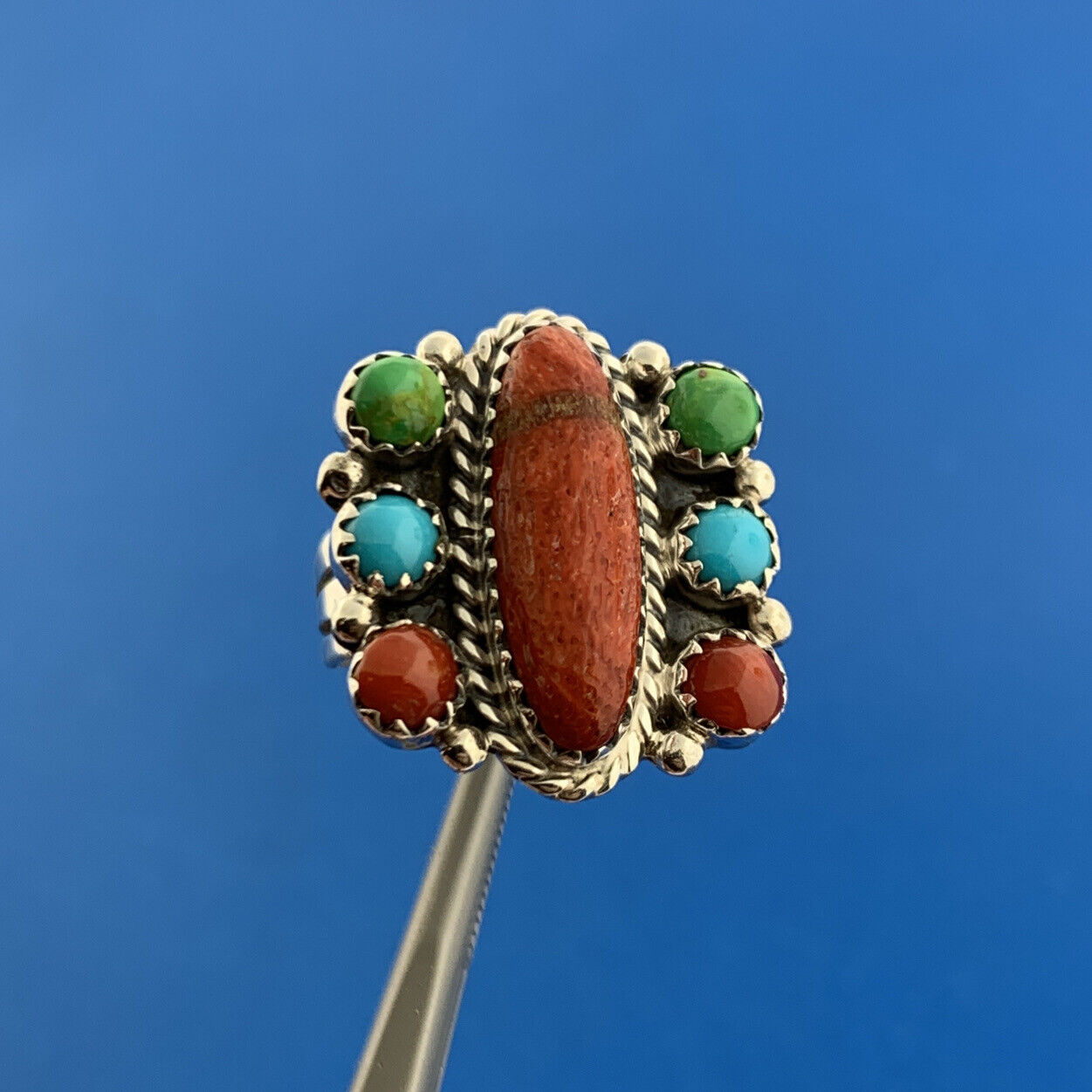 Designer R.B. Sterling Silver 925 Red Jasper Coral Turquoise Ring Size 6