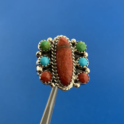 Designer R.B. Sterling Silver 925 Red Jasper Coral Turquoise Ring Size 6