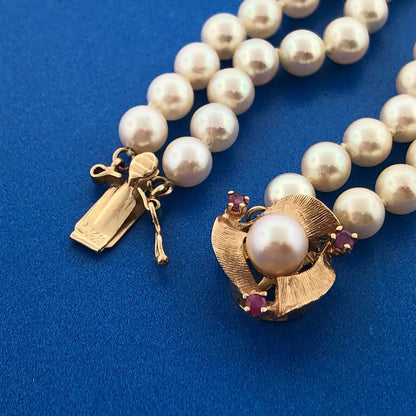 Vintage Elegant 14K Yellow Gold Ruby Pearl Double Strand Bridal Pearl Bracelet