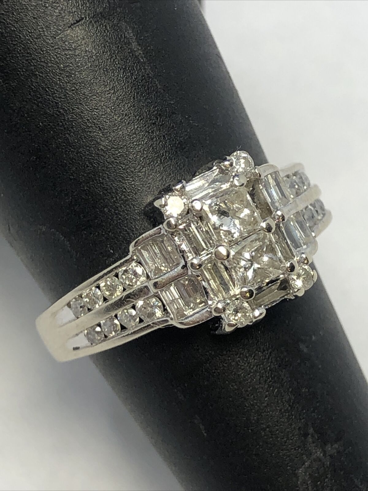 Estate 14K White Gold Princess Round Baguette Diamond Engagement Ring