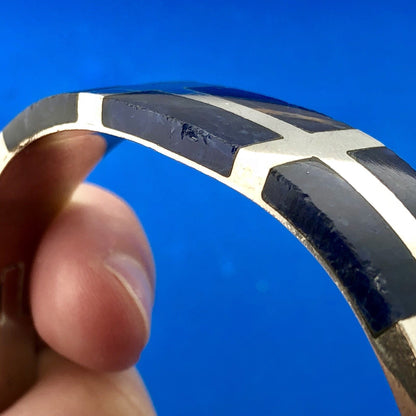 Retro Taxco Artisan 925 Sterling Silver Lapis Lazuli Inlay Hinged Cuff Bracelet