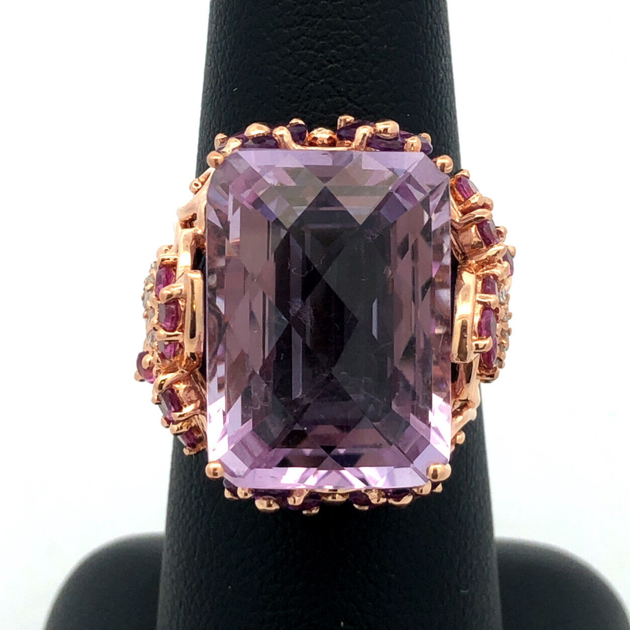 Designer 14K Yellow Gold Amethyst Pink Tourmaline Diamond Statement Floral Ring