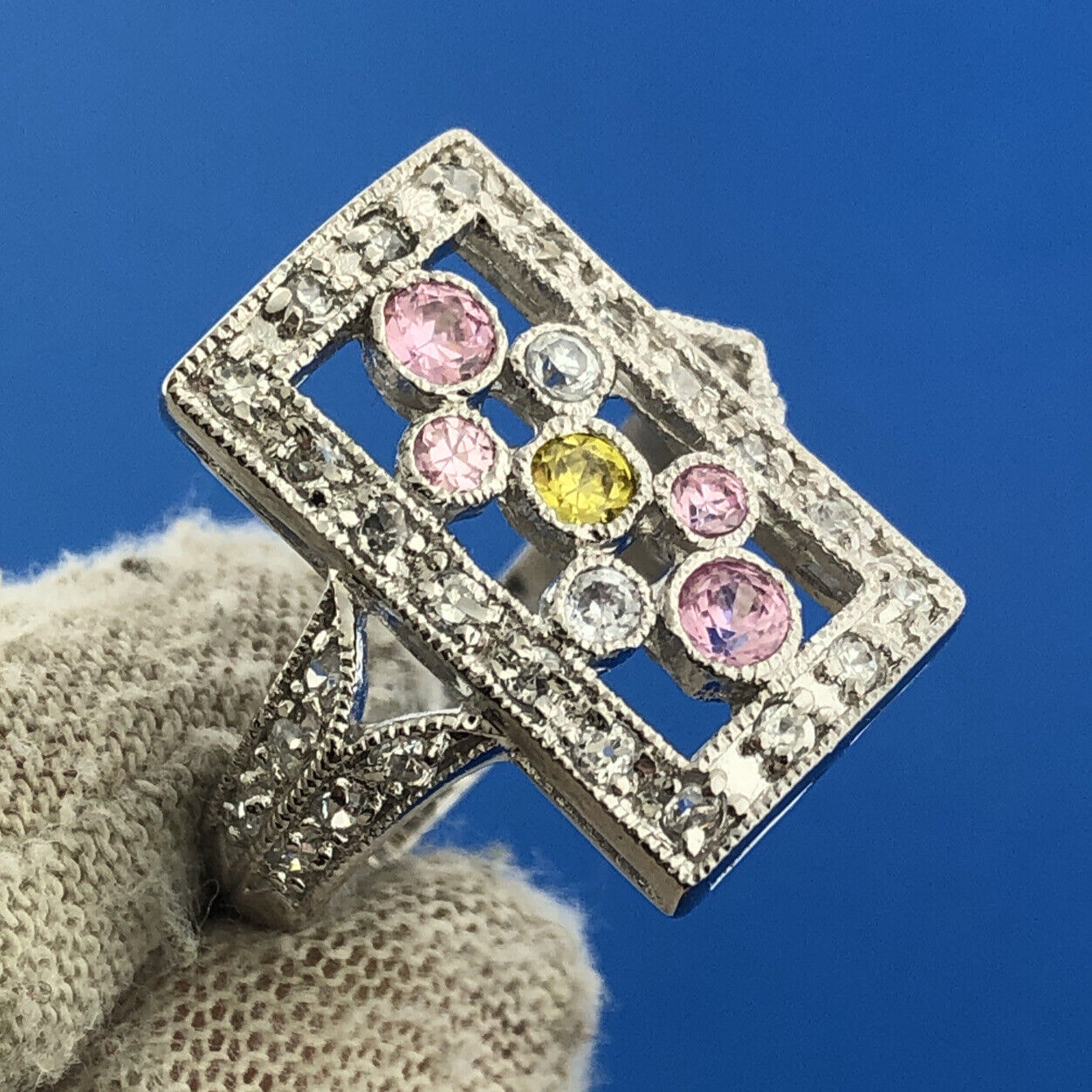 Designer JC Sterling Silver 925 Diamond Pink Yellow Statement Cocktail Ring