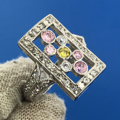 Designer JC Sterling Silver 925 Diamond Pink Yellow Statement Cocktail Ring