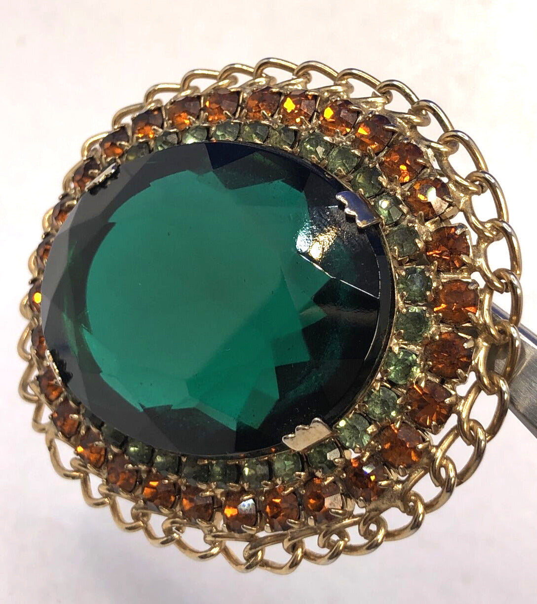 Vintage Gold-Tone Green & Orange Rhinestone Statement Clip Earrings Brooch Set