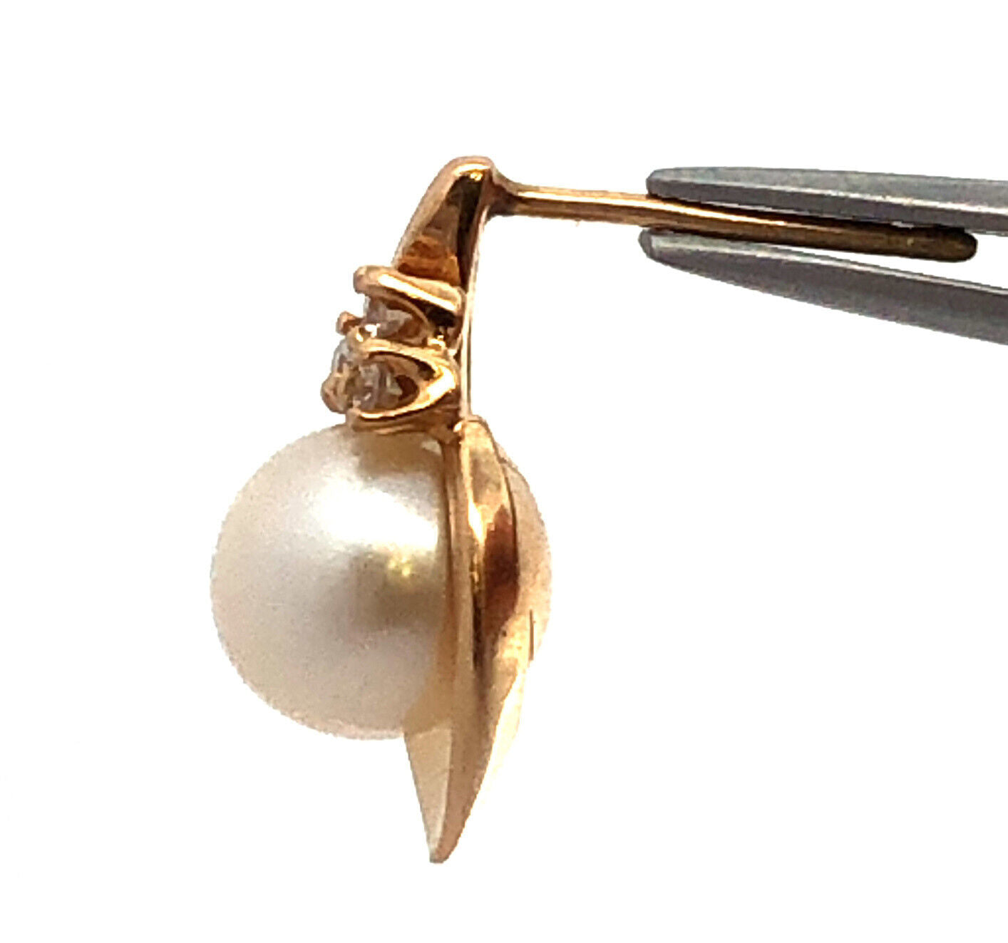 Vintage 14K Yellow Gold Cream Pearl Diamond Accent Modernist Drop Pendant