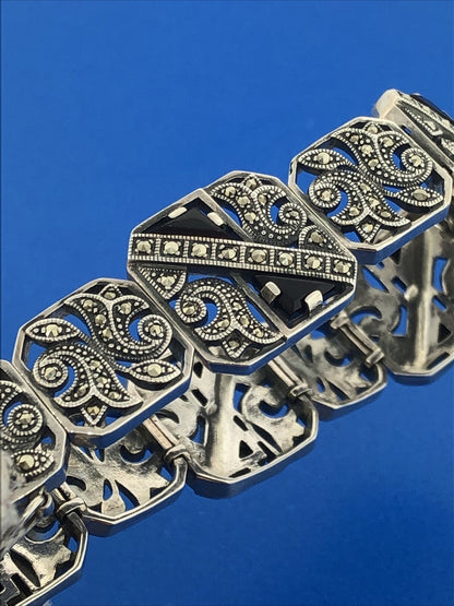 Art Deco Style 925 Sterling Silver Black Onyx Marcasite Scroll Panel Bracelet