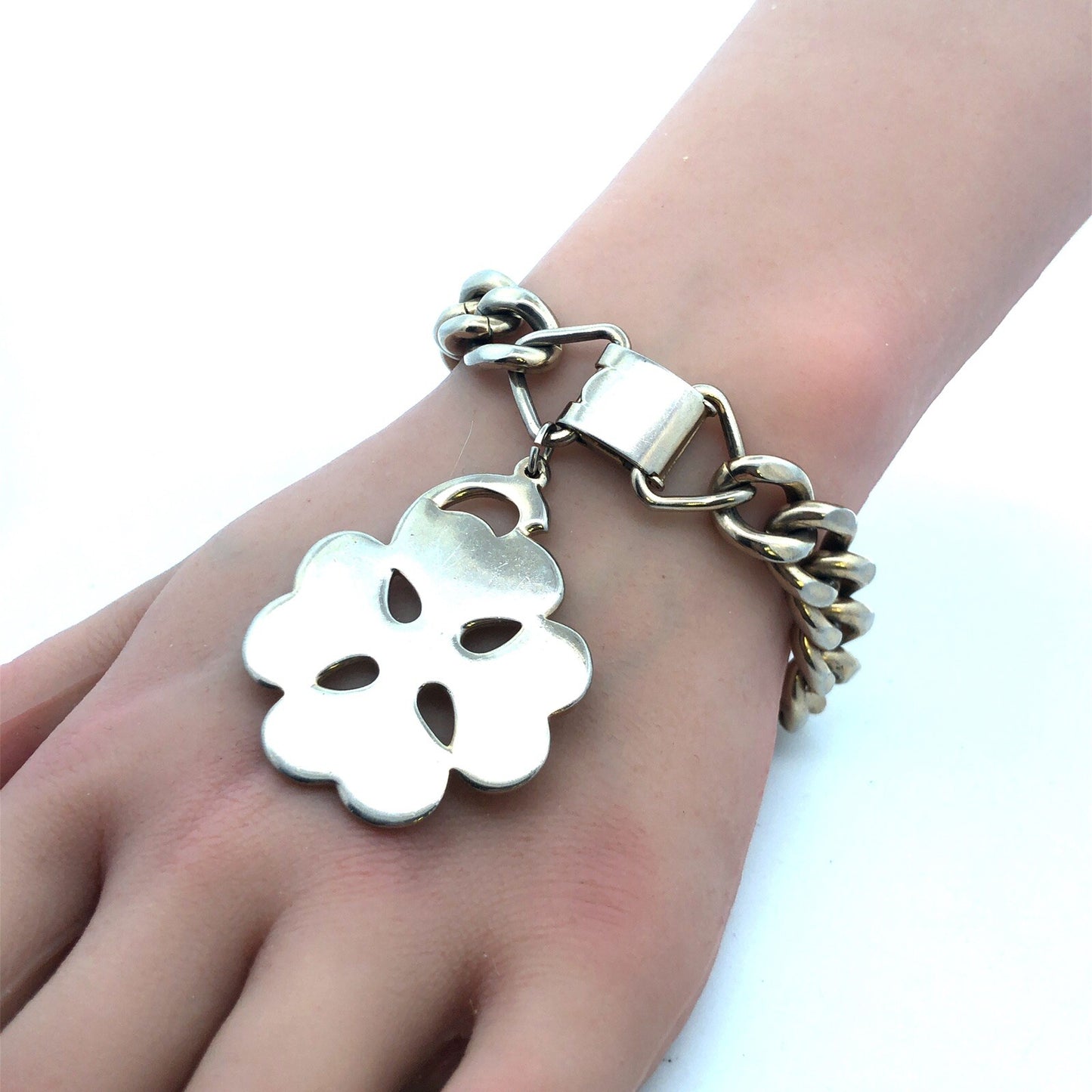 1950's Sperry Silver Tone Four Leaf Clover Charm Curb Link Statement Bracelet
