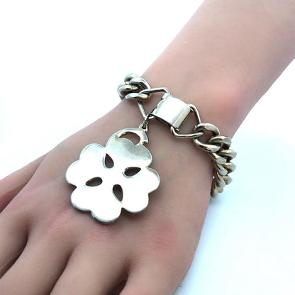 1950's Sperry Silver Tone Four Leaf Clover Charm Curb Link Statement Bracelet