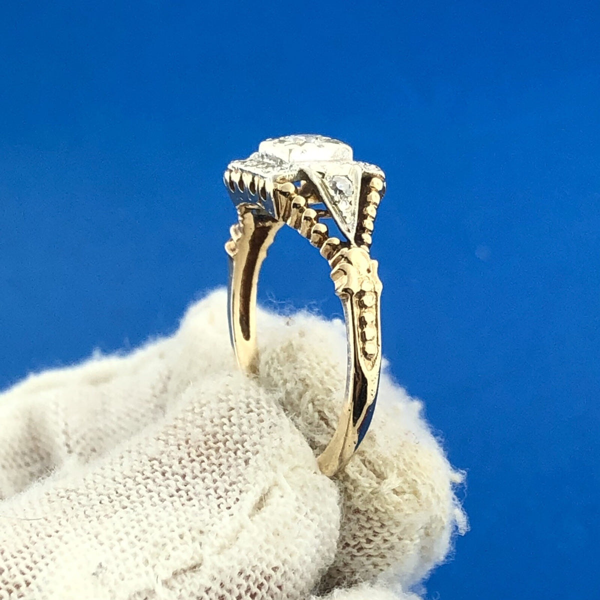 Art Deco 14K White Yellow Gold Diamond Accented Etruscan Style Engagement Ring