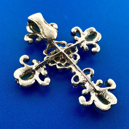 Silver Tone Grn Blue Aqua Crystal Fleur De Lis Cross Statement Enhancer Pendant