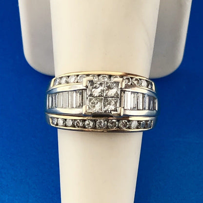 14k Yellow White Gold Princess Quad Diamond w/ Accent Triple Band Ring Size 6.75