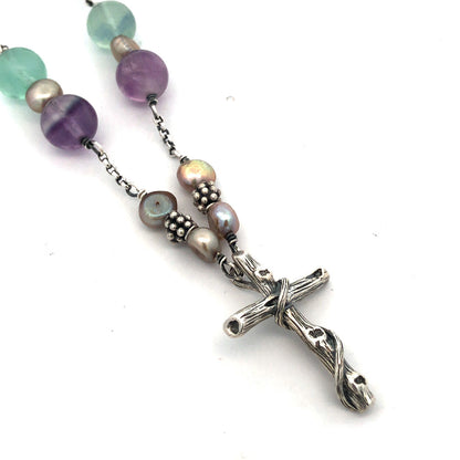 Retired Mignon Faget Sterling Silver Fences Cross Aquamarine Pearl Bead Necklace