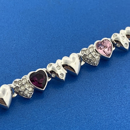 Swarovski Silver Toned Purple Pink Diamond Crystal Heart Station Tennis Bracelet
