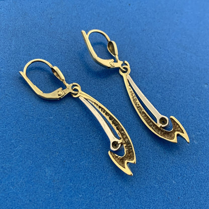 Designer 14K Yellow White Gold Diamond Modernist Abstract Drop Dangle Earrings