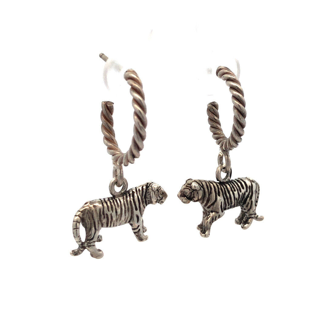 925 Sterling Silver 3D Tiger Dangle Stud Round Hoop Earrings