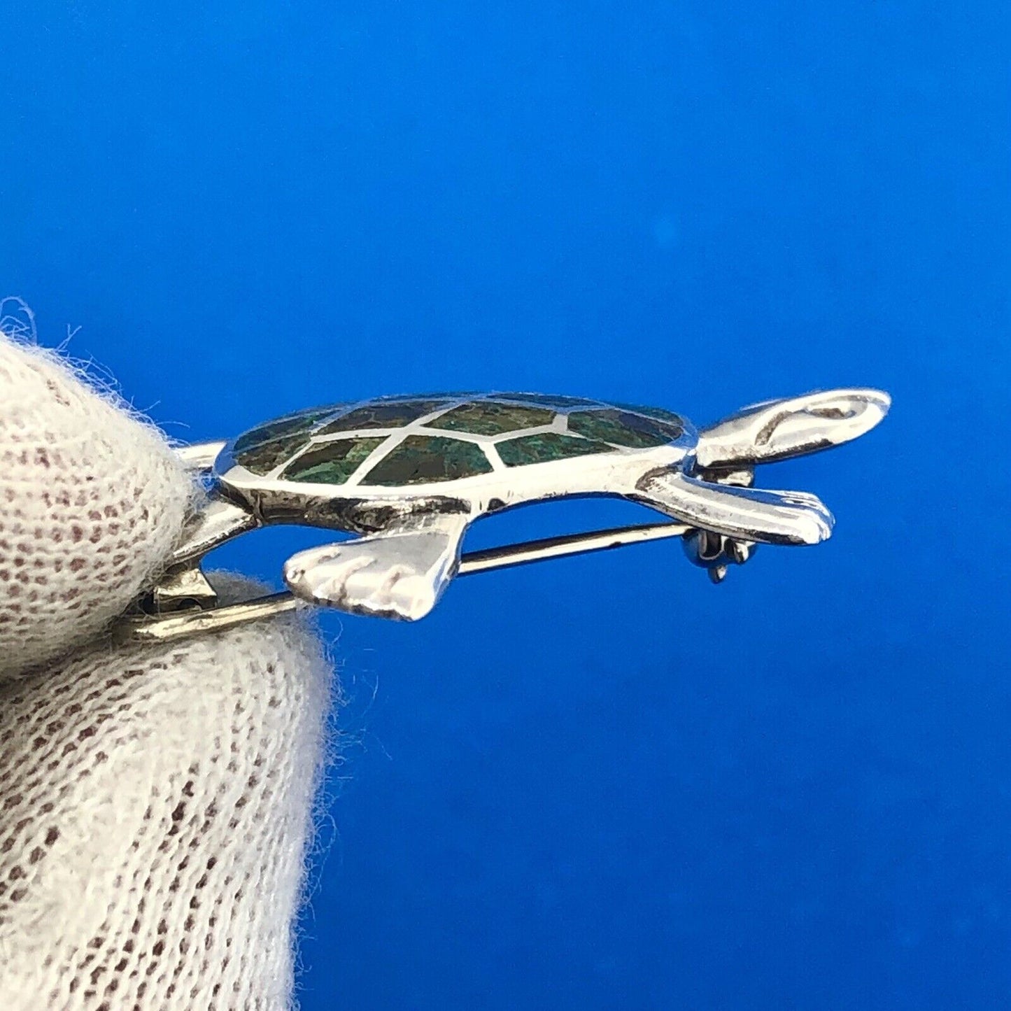 Taxco Mexico Designer Miguel Melendez Sterling Silver 925 Malachite Turtle Pin