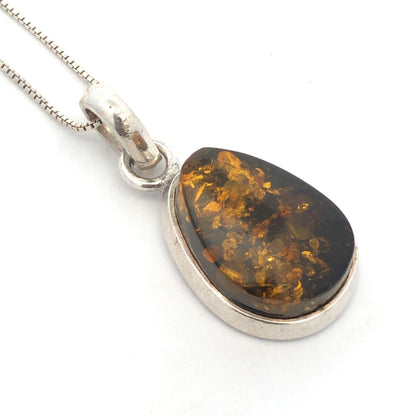 Vintage 925 Sterling Silver Oval Amber Pendant Chain Necklace