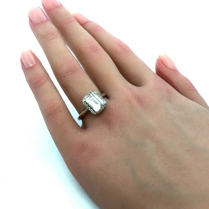Sterling Silver Emerald Cubic Zirconia Halo Solitaire Engagement Ring