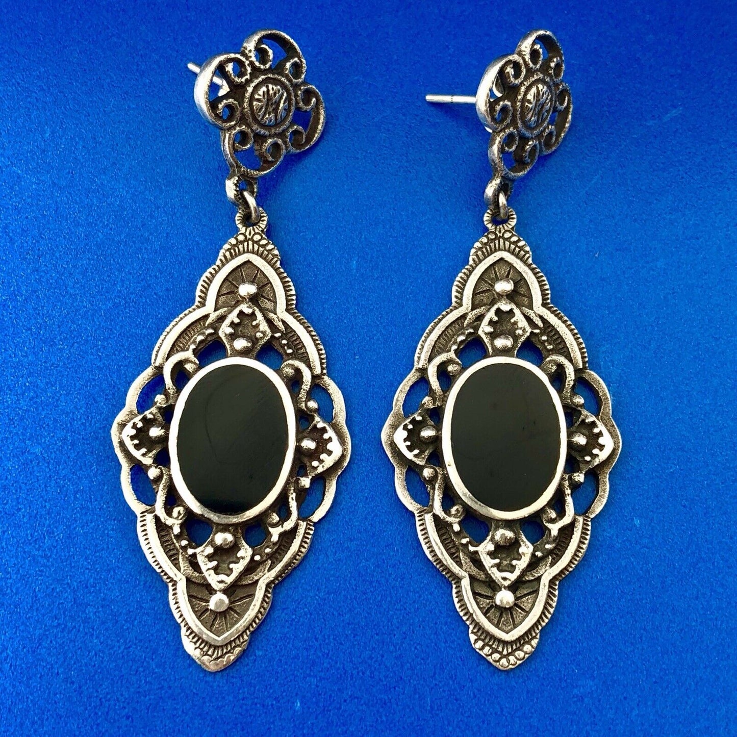 Retro 925 Sterling Silver Black Onyx Scroll Dangle Drop Earrings
