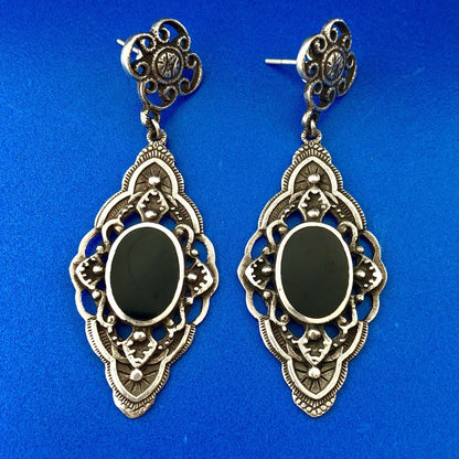 Retro 925 Sterling Silver Black Onyx Scroll Dangle Drop Earrings