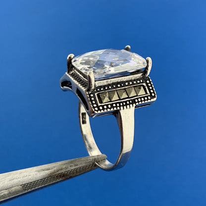 Designer 925 Sterling Silver Rectangle Cubic Zirconia Marcasite Statement Ring