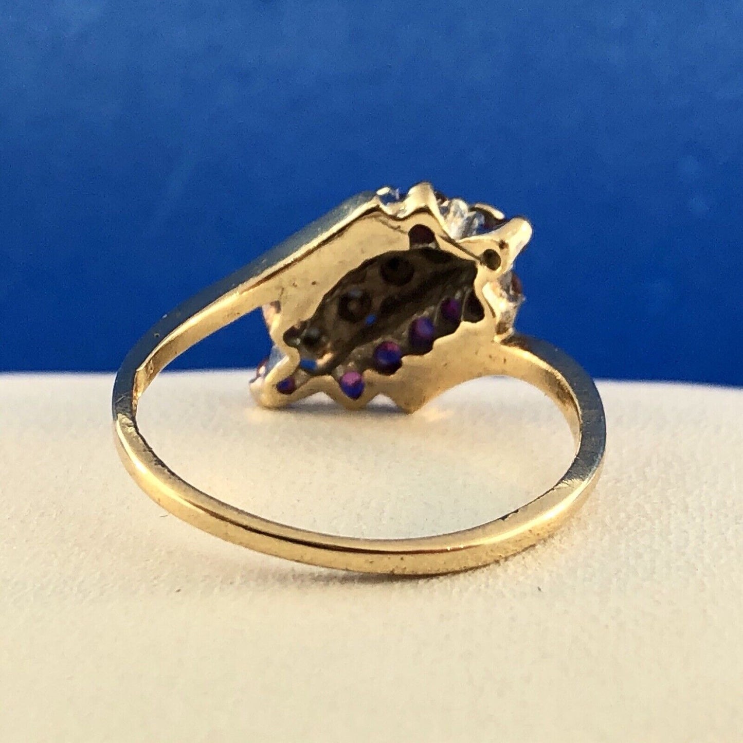 Vintage 10K Yellow Gold Ruby Diamond Cluster Bypass Cocktail July Occasion Ring
