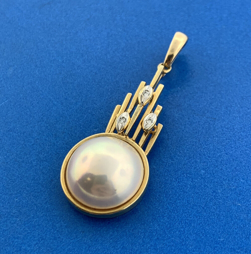 Vintage 14K Yellow Gold Mabe Pearl Diamond Accented Modernist Enhancer Pendant