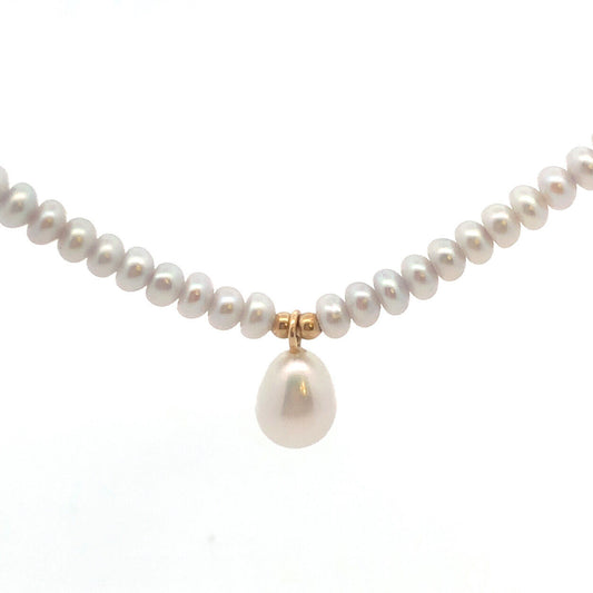 14K Yellow Gold Grey Button Pearl Beaded Drop Pearl Pendant Necklace