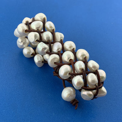 Artisan Braided Leather Three Strand Baroque Pearl Waterfall Toggle Bracelet