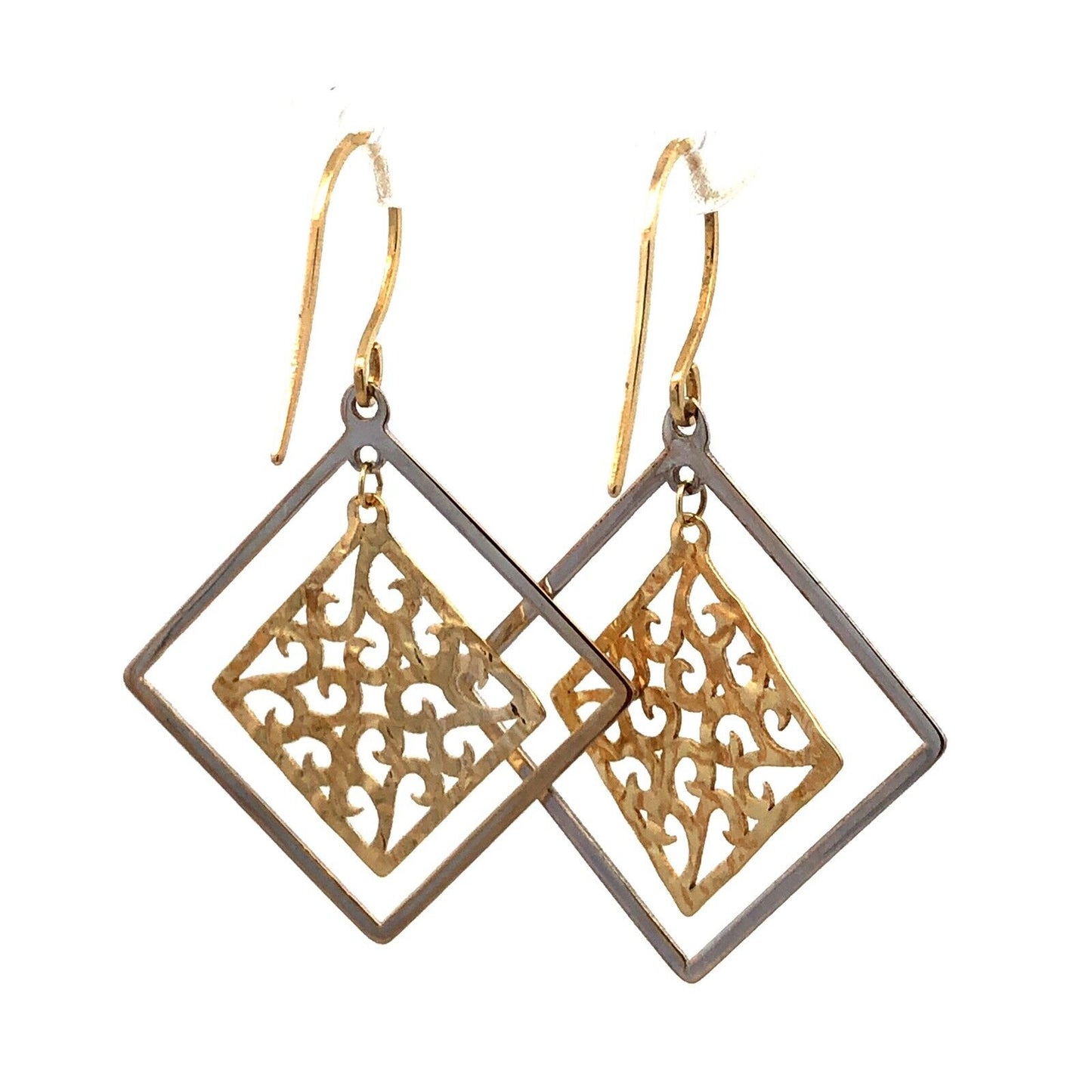 Designer 14K Yellow White Gold Open Scroll Square Dangle Hook Earrings