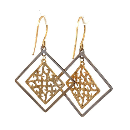 Designer 14K Yellow White Gold Open Scroll Square Dangle Hook Earrings