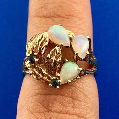 Vintage 10K Yellow Gold Opal Sapphire October Leaf Design Free Form Ring