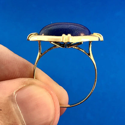 Vintage 14K Yellow Gold Lapis-Lazuli Cabochon Modernist Abstract Cocktail Ring