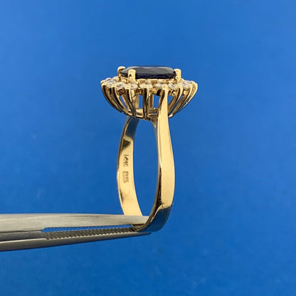 Designer 14K Yellow Gold Sapphire Diamond Halo September Anniversary Ring