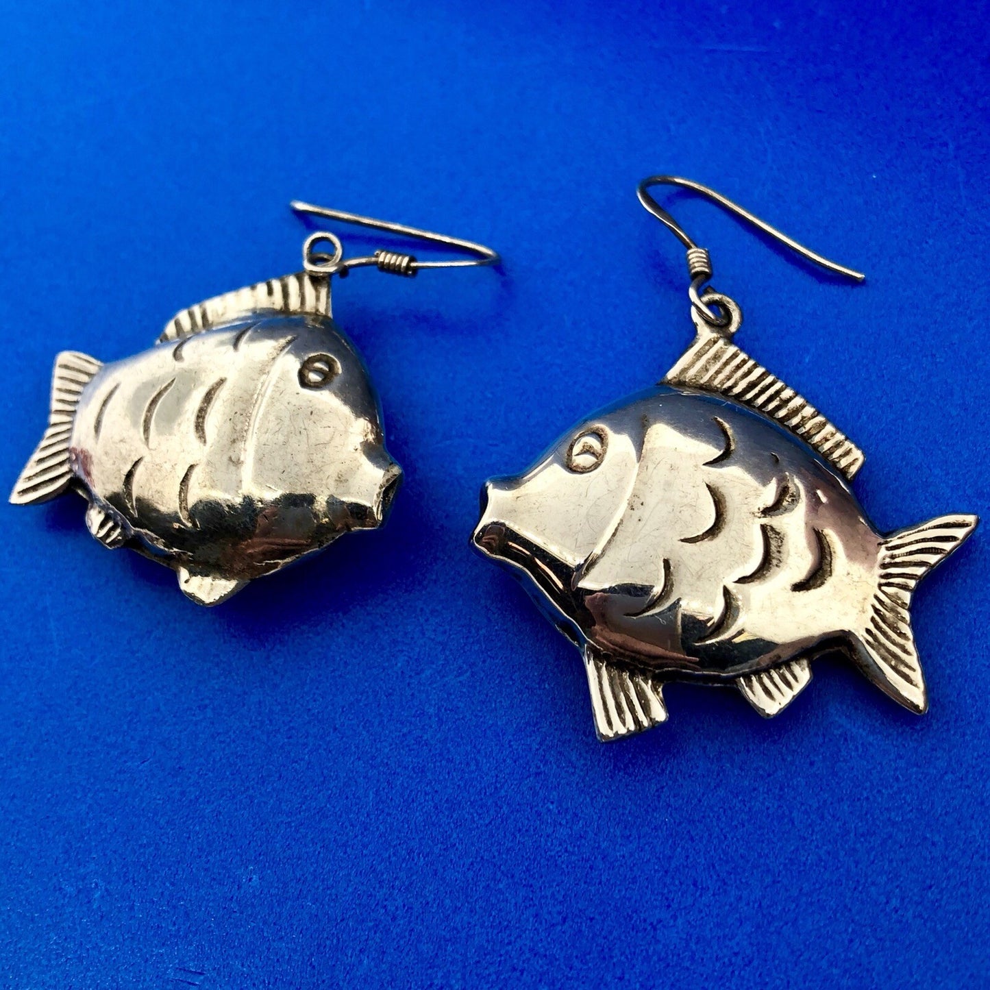 Retro Sterling Silver 925 Puffy Goldfish Blowfish Nemo Drop Dangle Earrings
