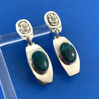 Turquoise Cabochon 950 Fine Silver Alpaca Design Dangle Drop Stud Earrings