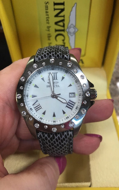 Invicta Women's Angel Quartz 100m Stainless Steel Watch Model 18350 Grey Leather
