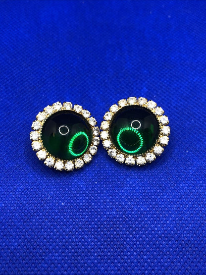 William De Lillo Haute Couture Gold Tone Rhinestone Green Glass Clip On Earrings