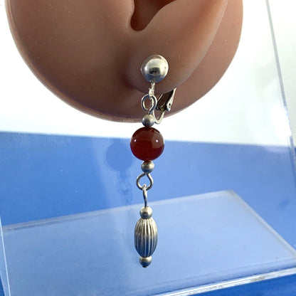 Vintage Carnelian Bead 925 Sterling Silver Dangle Clip On Earrings