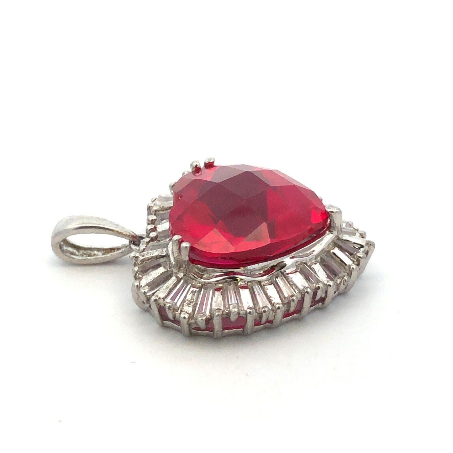 Designer Sterling Silver Cushion Ruby Diamond Accented Heart Statement Pendant