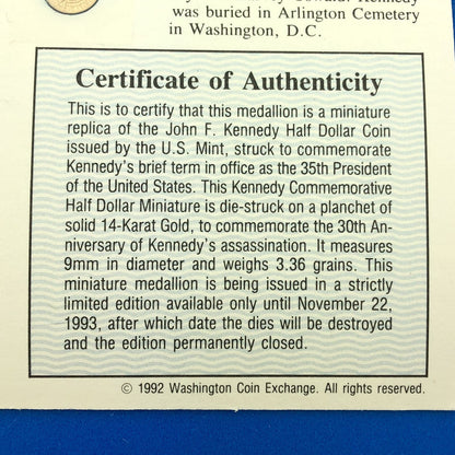 1993 14k Gold John F. Kennedy Memorial Half Dollar Commemorative Coin w/ COA